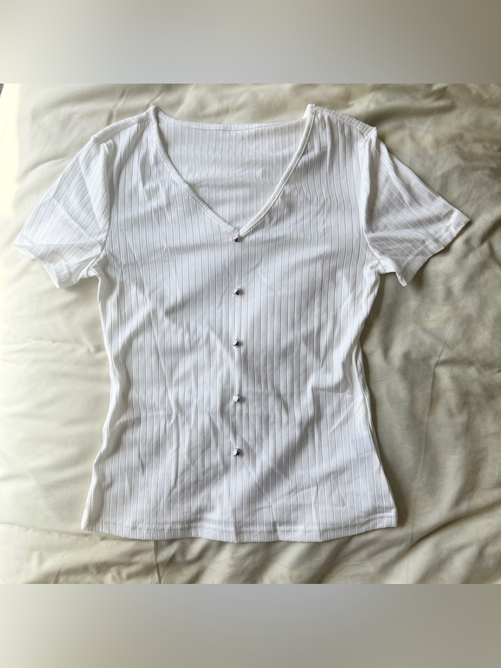 White Ribbed Button Front Top